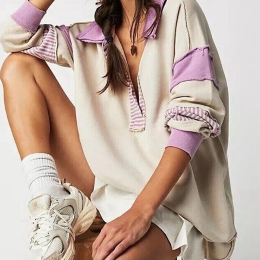 We The Free Cream and Purple Oversized Sweatshirt